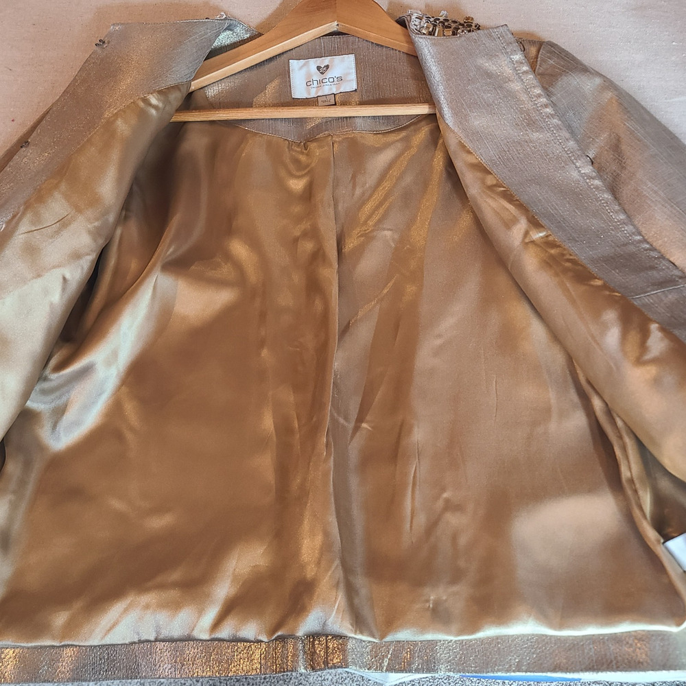 Chicos 1 Champagne Gold Leather Jacket 25th Anniversary Jeweled Collar Size M - Picture 12 of 16